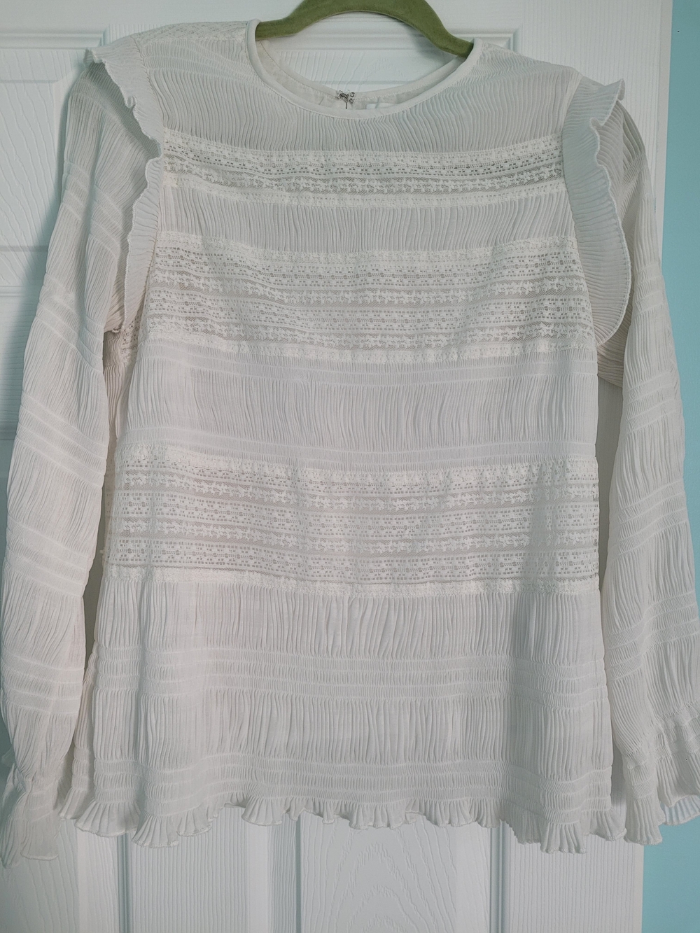 Velvet by Graham & Spencer Cream Textured Lace-Panel Blouse